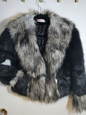 Y2K Faux Fur Jacket Black & Gray Boho Statement Coat Sz S